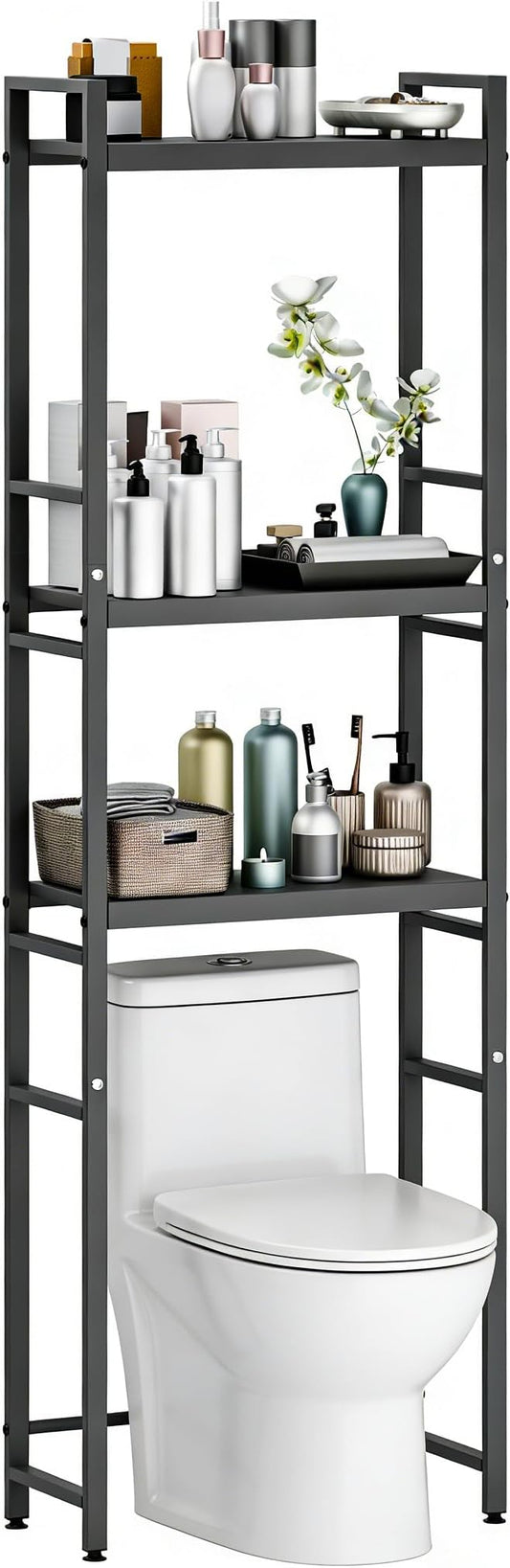 1 Set Over The Toilet Storage, 3-Tier Bathroom Laundry Storage Rack Space-Saving Organizer Household Supplies (Black-S)
