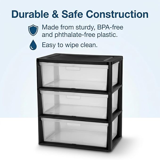 Wide 3 Drawer Plastic Storage Tower with Clear Removable Bins, 15.6" x 21" x 25.2" Organizer Unit with Drawer Stops and Easy-Pull Handles for Closet, Dorm, and Office Organization, Black