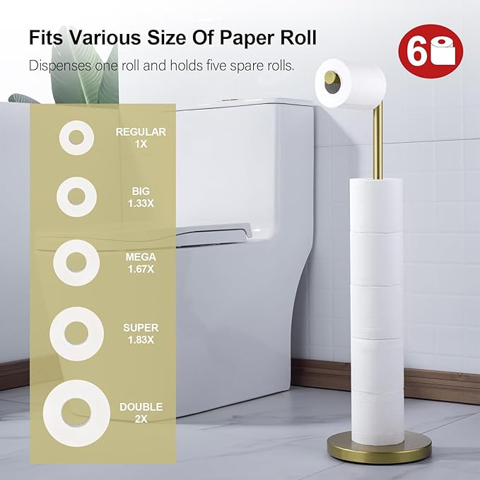 BAGNOLUX Bathroom Toilet Paper Holder Stand with Reserve, SUS304 Stainless Steel Rustproof Pedestal Tissue Roll Holder Heavy Duty, Brushed Light Yellow Gold
