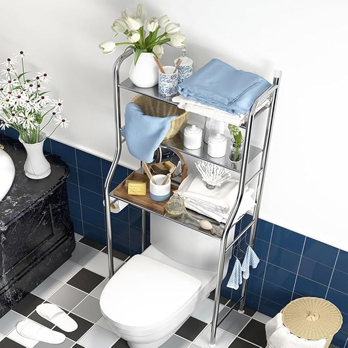 3-Tier Over The Toilet Storage, Freestanding Metal Bathroom Shelves, Above Toilet Storage Rack with Hooks and Paper Holder, Space-Saving, for Bathroom Restroom Laundry, Black