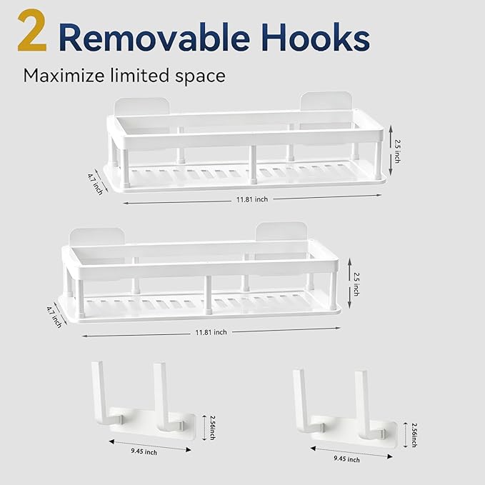 ACEXINYAN Shower Caddy Adhesive, Self-Adhesive Bathroom Shelves Basket, 2 Pack Large Capacity Shower Shelve with Hook Rack, No Drilling Bathroom Organizers and Storage for Home Decor (4, White)