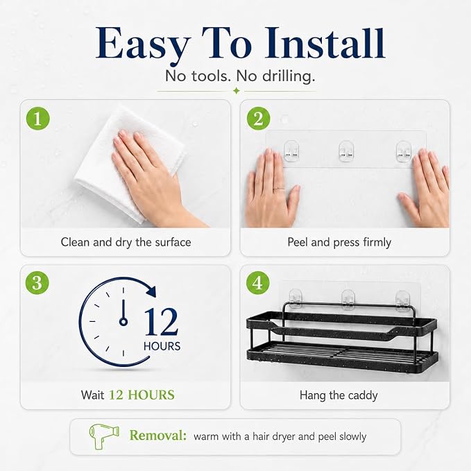 Strong Adhesive Shower Caddy Replacement, 6 Pack No Drill Adhesive Hooks for Bathroom & Kitchen Rack, Holds 40lbs, Waterproof & Transparent Strips for Tile, Glass, Smooth Walls