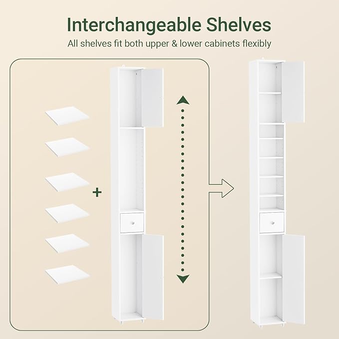 SoBuy Bathroom Narrow Storage Cabinet, Skinny Tall Unit with Adjustable Shelves Slender, Slim Bathroom Organizers and Storage, Anti-Tipping Thin Floor Standing Cupboard Laundry Room, White BZR34-W