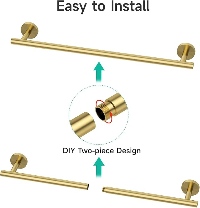 USHOWER Brushed Gold Towel Bar, 24-Inch Towel Racks for Bathroom Wall-Mounted, SUS304 Stainless Steel Towel Rod (Total Length 26-Inch)