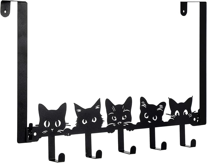 AceOrbit Cat Over The Door Hooks Hanger Wall Mount Towel Hanger Door Holder Organizer 5 Hooks Kawaii Farmhouse Rustic Coquettish Style Decor for Bedroom Bathroom Towel Hat Clothes