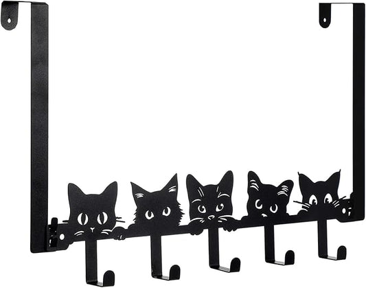 AceOrbit Cat Over The Door Hooks Hanger Wall Mount Towel Hanger Door Holder Organizer 5 Hooks Kawaii Farmhouse Rustic Coquettish Style Decor for Bedroom Bathroom Towel Hat Clothes