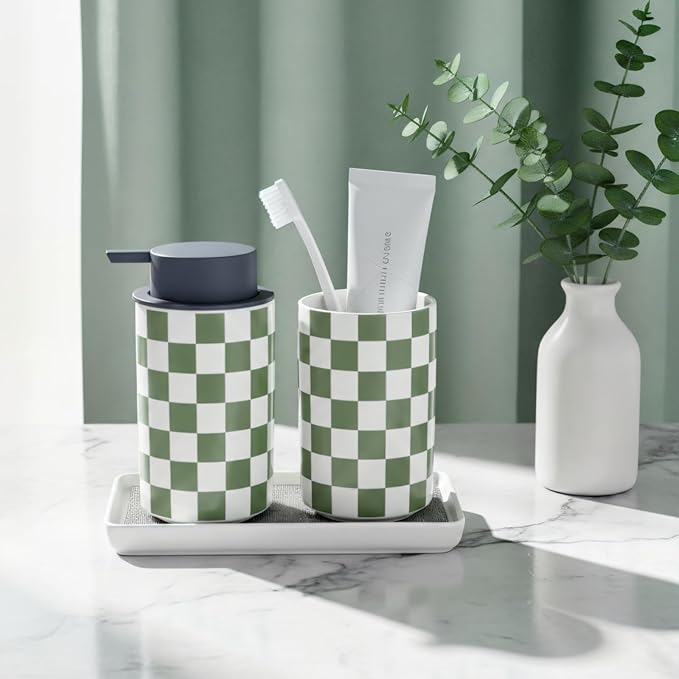 Tooth Brush Holder for Bathroom, Green Toothbrush Holders for Bathrooms, Modern Cute Ceramic Toothbrush Caddy, Toothbrushes and Toothpaste Cup for Bath Room Countertop Storage,Sage Green Decor