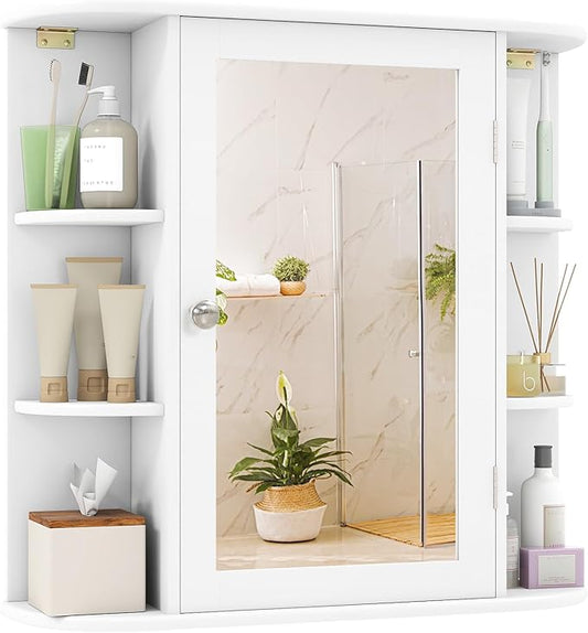 Tangkula Bathroom Medicine Cabinet with Mirror, Modern Wall Mounted Space-Saving Storage Organizer with Mirrored Door, 4 Internal Shelves & 6 Open Side Shelves, Bathroom Wall Cabinet (White)
