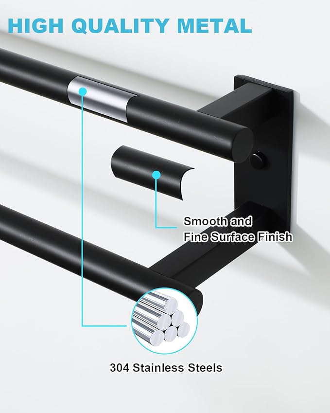 Alise Bathroom Double Towel Bar, 16 Inch Wall Mount Towel Holder, Towel Racks for Bathroom, SUS304 Stainless Steel Towel Hanger, Thickened Pipe with Strong Load-Bearing Capacity, Matte Black