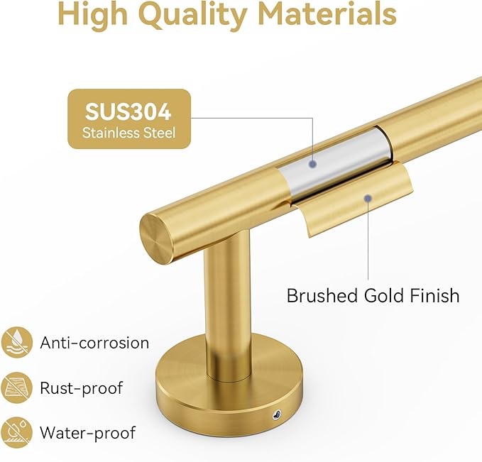 Brushed Gold Towel Bar, 24 Inch Towel Rack for Bathroom Wall-Mounted, SUS304 Stainless Steel, Total Length 26 Inch