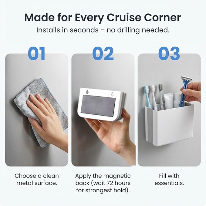 Cruise Magnetic Toothbrush Holder 2 Pack Cabin Walls, Foldable Toiletry Organizer for Disney RoyalCaribbean Carnival Cabin Bathroom, Strong Magnet, No Drilling, Space-Saving Travel Essential