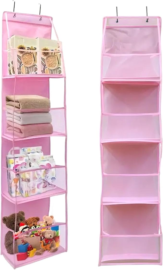 Hanging Closet Organizer, 4 Shelf Over The Door Organizer with 2 Hooks, Space Saving Behind The Door Storage Shelves for Pantry, Bathroom, Bedroom, Nursery(Color:Pink)