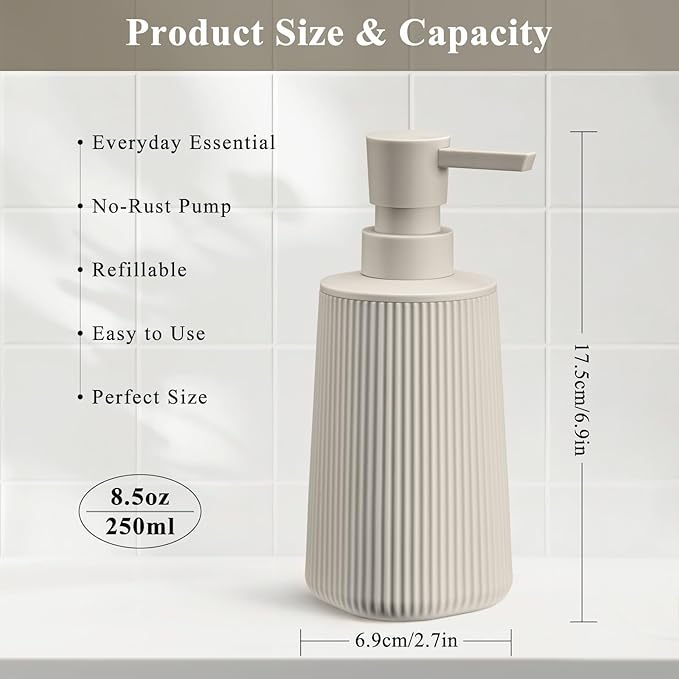 Beige 2 Pack Hand Soap Dispensers Set with No Rust Pump for Bathroom and Kitchen Countertops Refillable Matte Striped Plastic 8.5 oz