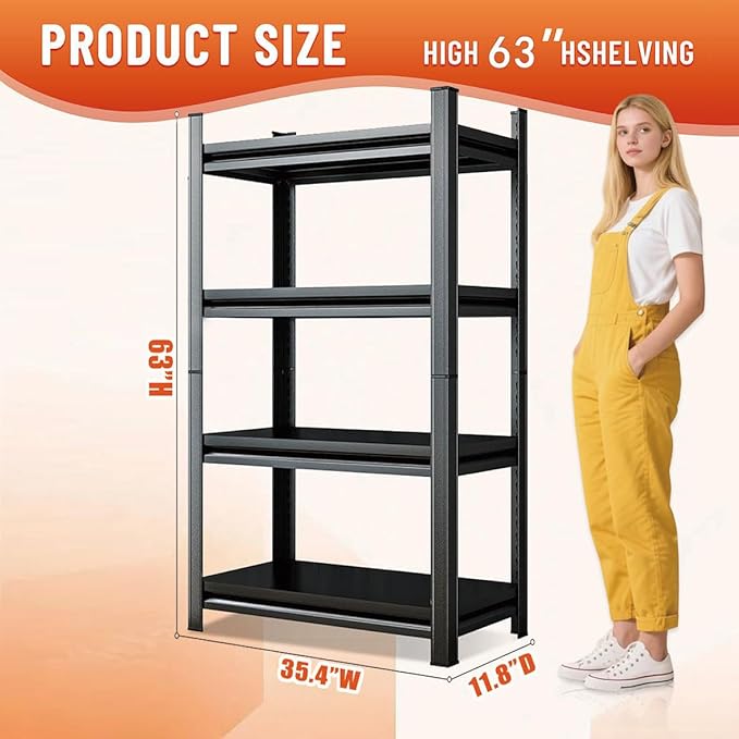 4-Tier Kitchen Shelf Organizer, Metal pantry shelves, Adjustable Storage Rack, Heavy Duty Metal Shelves for Pots, Pans, Bottles & Pantry Goods, Space-Saving, Black (63"H x 35.4"W x 11.8"D)