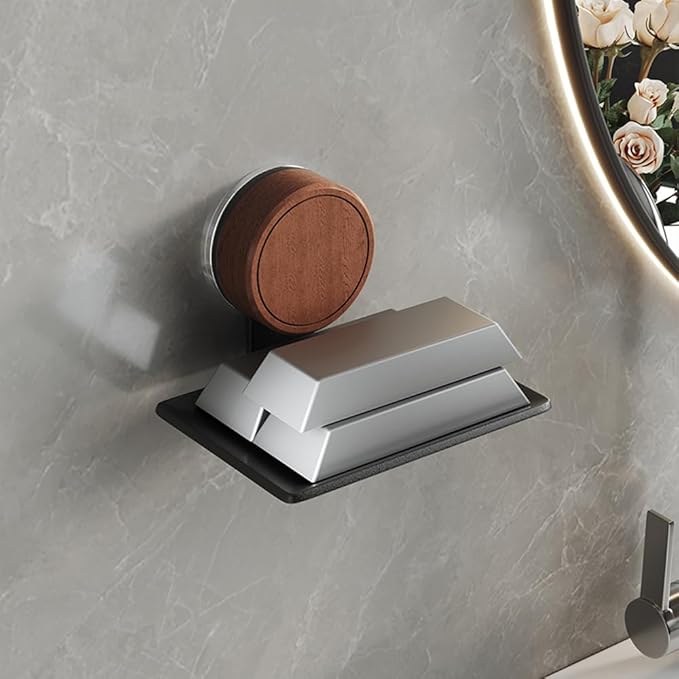 Soap Dish, Walnut and Stainless Steel, Soap Bar Holder for Shower Suction Cup Wall Mounted, No-Drilling Waterproof Sponge Holder (Black)