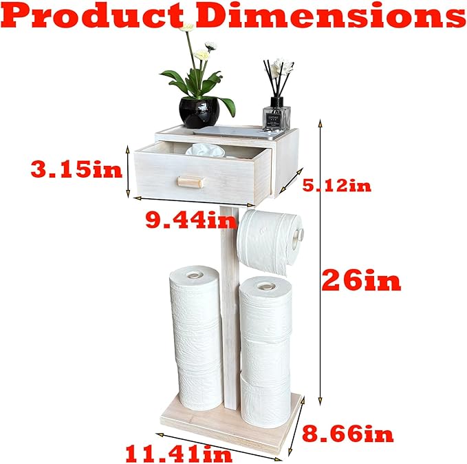 Freestanding Bathroom Toilet Paper Holder Stand with Shelf, Bamboo Toilet Paper Roll Holder with Wet Wipes Storage Drawer(Vintage White)