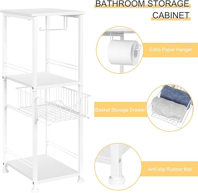 OYEAL Bathroom Storage Cabinet Freestanding Bath Shelf with Drawer Toilet Paper Storage Stand 3 Tier Towel Storage Organizer for Laundry Room Entryway Kitchen Pantry, White
