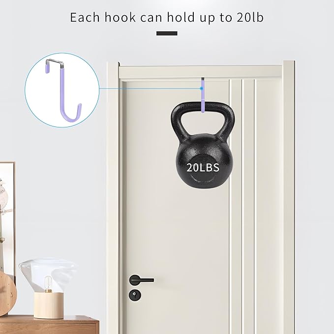 FYY Over the Door Hooks, 4 Pack Door Hangers Hooks with Rubber Prevent Scratches Heavy Duty Organizer Hooks for Living Room, Bathroom, Bedroom Hanging Clothes, Towels, Hats, Coats, Bags Lavender