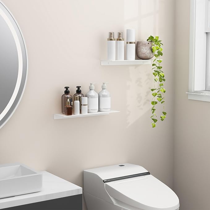 Danpoo 16 inch White Metal Floating Shelves for Wall Organizer & Storage, Display Shelves for Bathroom, Living Room, Kitchen, Bedroom(2-Pack)