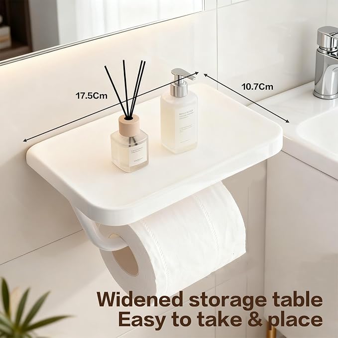 Self Adhesive Toilet Paper Holder with Shelf, No Drill Wall Mounted Bathroom Tissue Holder, Sticky TP Roll Holder with Phone Shelf for RV, White