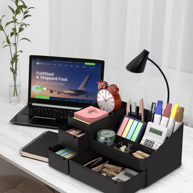 Makeup Organizer for Vanity, Bathroom Countertop Storage Display Boxes Case,Stackable Cosmetic Holder for Jewelry Hair Accessories Beauty Skincare Product Organizing with drawer organizer tray, Black