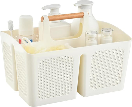ALINK Portable Shower Caddy Basket with Compartments, Plastic Divided Cleaning Caddy Organizer Storage Tote with Handle for Bathroom, College, Dorm Room Essentials - Beige