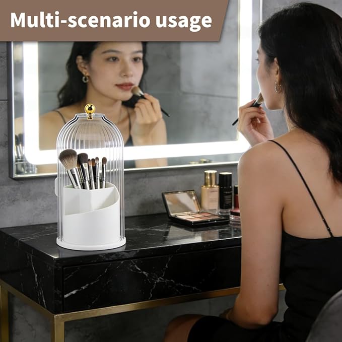 Toothbrush Holders with Sliding Lid, 360° Dustproof Rotating 3 Slots Bathroom Organizer Countertop, Spinning Cosmetic Tools Storage Cup for Desktop Office Bathroom
