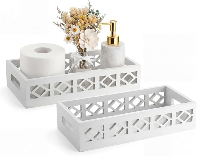 Qunclay 2 Pack White Toilet Tank Baskets Wooden Toilet Tank Top Paper Baskets with Handle Rustic Hollow Bathroom Paper Organizer Holders Farmhouse Decorative Bathroom Storage Box