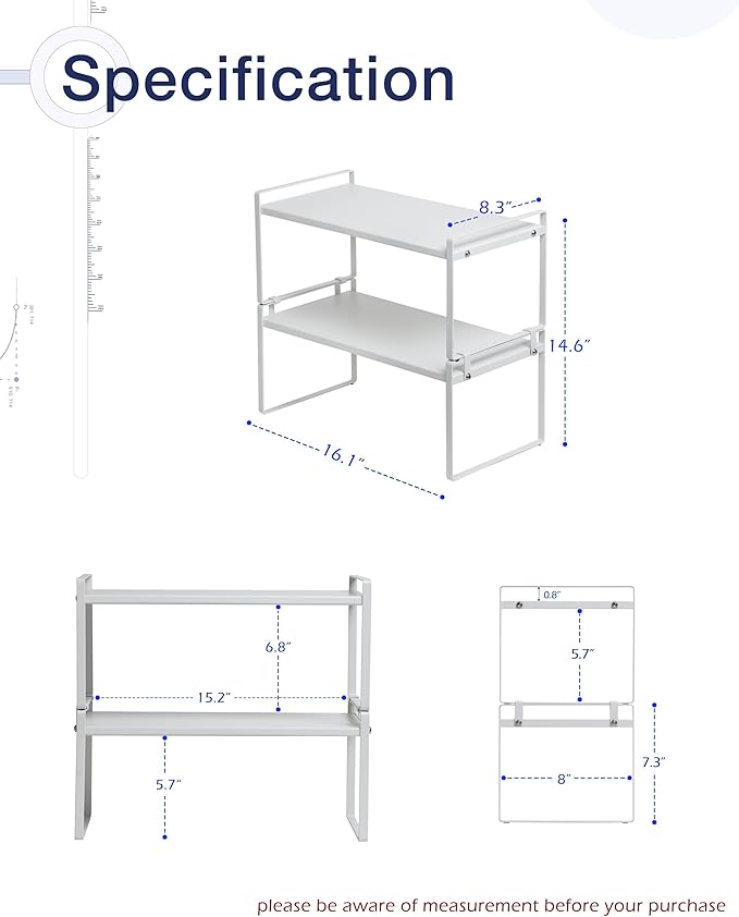 Nxconsu 2 Pack Cabinet Shelf Organizer 16.1"x8.3"x7.3" White, Stackable Kitchen Counter Shelf Riser, Heavy Duty 3mm Steel Storage Rack for Pantry Cupboard Bathroom Under Sink, 50lbs Capacity, Non-Slip