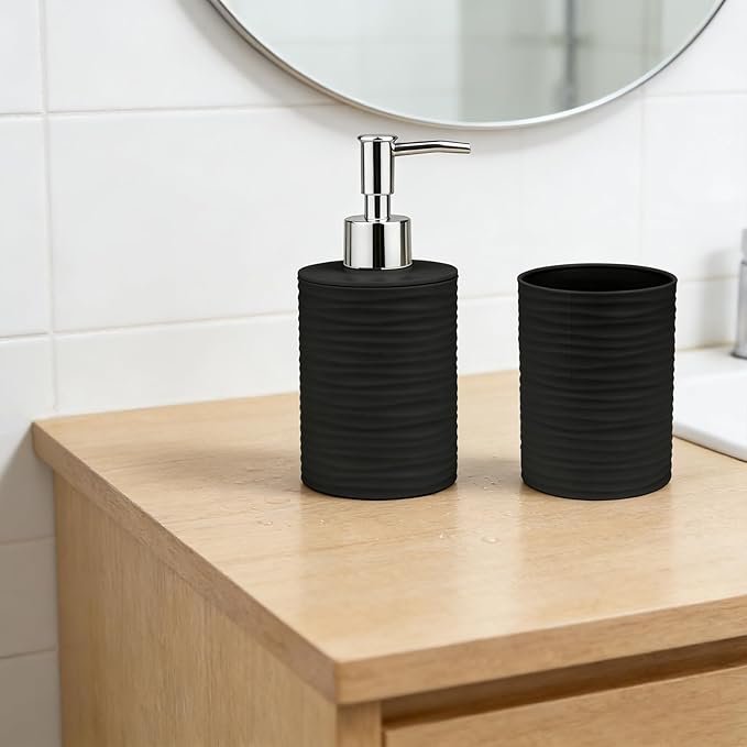 Bathroom Accessories Set, 2-Piece Black Soap Dispenser & Toothbrush Holder with Ripple Texture & Rust-Proof Pump, Modern Matte Organization