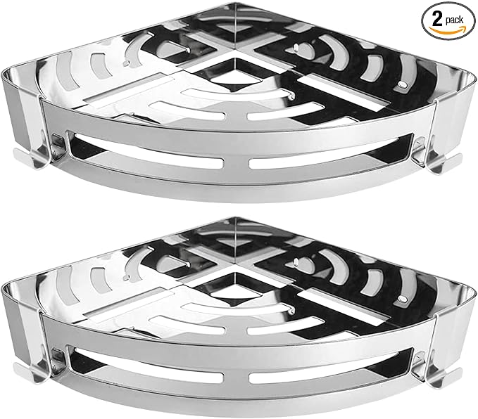 NearMoon Bathroom Shower Caddy 2 Pack, 304 Stainless Steel Shower Organizer with 2 Hooks, No Drill (Corner Shelf, Chrome Finish)