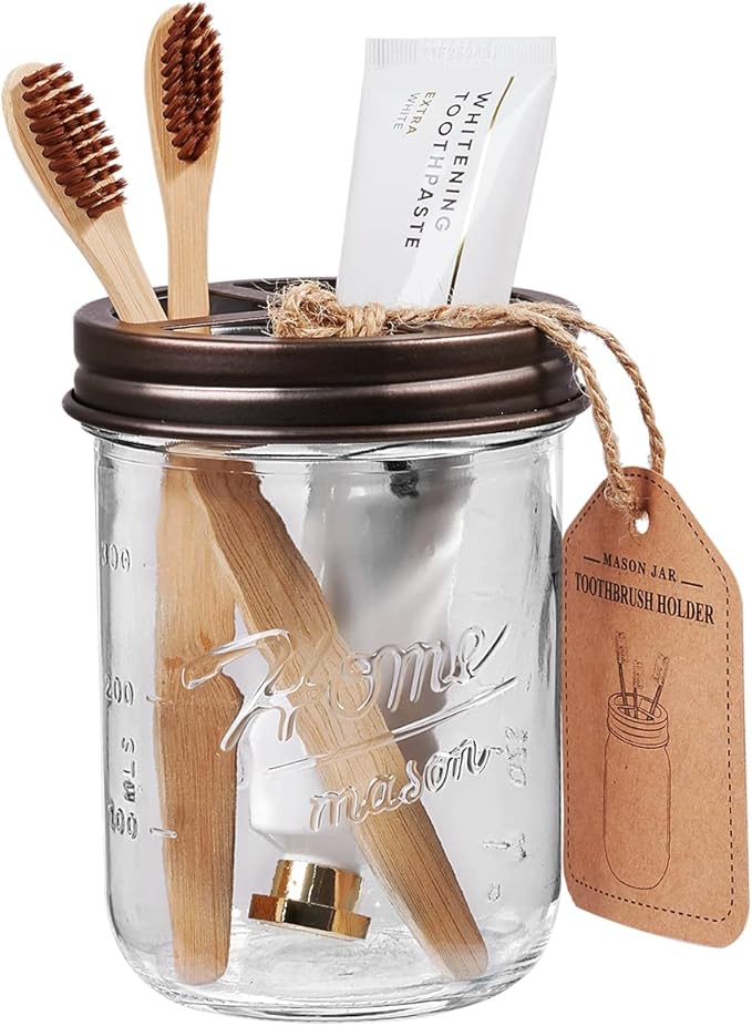 SheeChung Mason Jar Toothbrush Holders, Bathroom Accessories, Bathroom Essentials, Bathroom Organizers and Storage, Bathroom Countertop Organizer, Glass Toothbrush Holders for Bathroom-Bronze