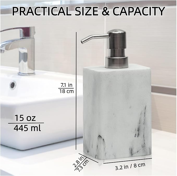 2Pcs/Set Resin Marble Style Soap Dispenser Sets -15oz Luxury Bathroom & Kitchen Dispenser with No-Leak Pump, Refillable for Soap/Lotion, Dish Hand Wash Shower Lotion Shampoo (White)