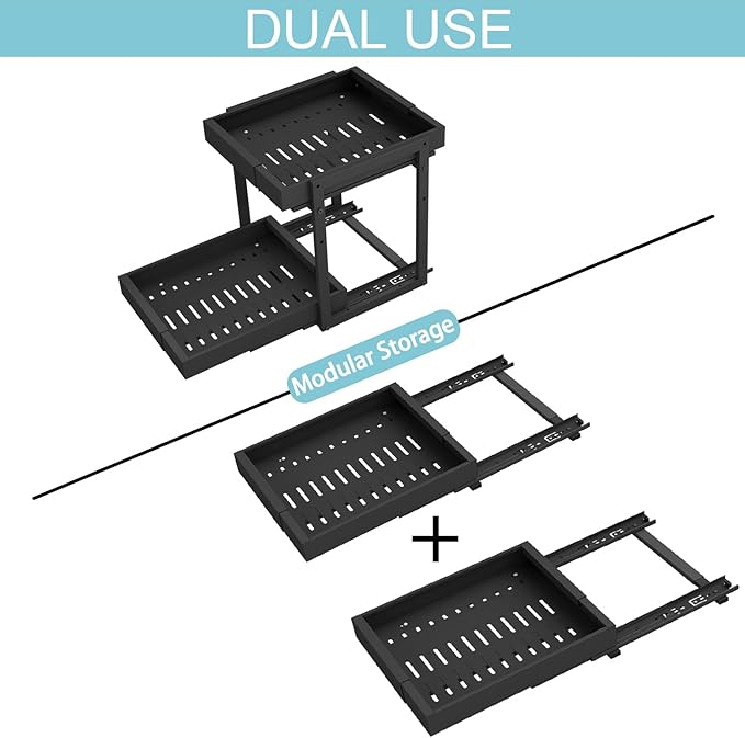 Golener 2-Tier Expandable Pull Out Cabinet Organizer - Pull-Out Drawers for Kitchen Cabinets, 2 Slide Home Storage Organizers, Slide Out Shelves for Base Cabinet Organization in Kitchen, Black Metal