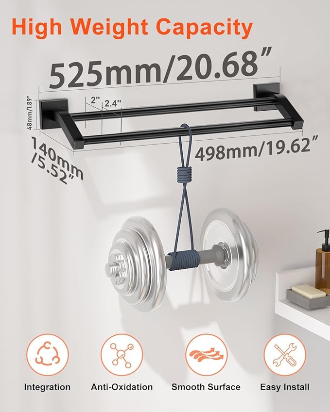 Alise Bath Double Towel Bars,Towel Holder Towel Racks for Bathroom Lavatory,20 Inch SUS304 Stainless Steel Towel Hanger Towel Rail Wall Mount,Matte Black