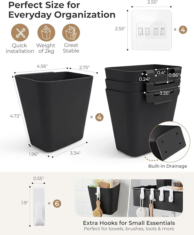 4 Pack Rolling Cart Accessories, Black Craft Cart Cup Holder and 6 Hooks for Utility Carts, Adhesive Kitchen Cabinet Door Storage, Space-Saving Wall Mount Organizer for Bathroom, Office, Makeup