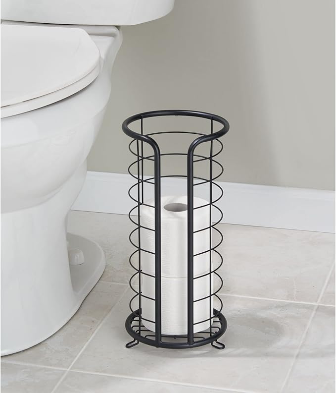 mDesign Metal Toilet Paper Holder Stand - Storage Reserve for 3 Rolls of Toilet Tissue - Freestanding Toilet Paper Holder - Stylish Bathroom Floor Toilet Paper Stand - Omni Collection - Matte Black