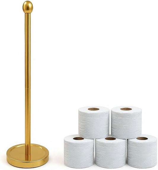 Toilet Paper Holder Stand for Max 5 Paper Rolls, Freestanding TP Holder, Roll Holder Storage, Stainless Steel - Gold