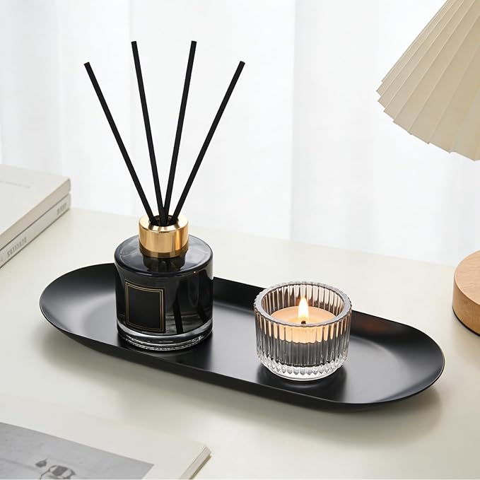 2 Pack Stainless Steel Decorative Tray, 12 Inch Oval Vanity Tray for Jewelry, Small Storage Plate for Cosmetics Organizer Bathroom Key Candle (Black)