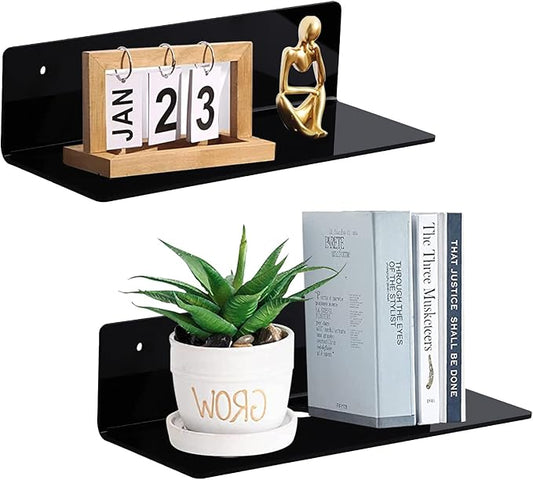 9 Inch Acrylic Floating Shelf No Drill Adhesive Wall Shelf Set of 2 for Funko Pop Storage, Floating Shelves Damage-Free Expand Wall Space for Living Room, Bathroom, Gaming Room, Office - Black
