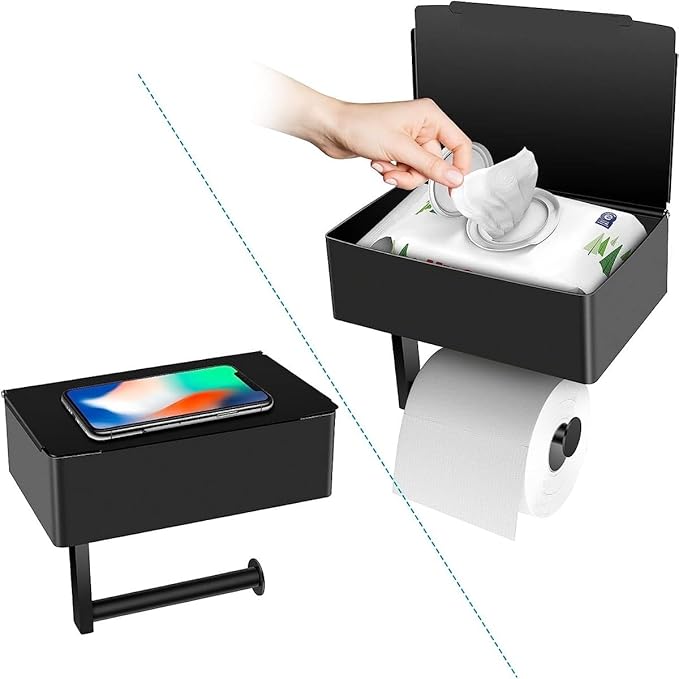 Toilet Paper Holder with Storage, Shelf of Bathroom Toilet Tissue Holder, Toilet Paper Roll Holder, Black Stainless Steel Wall Mount, No Installation & Flushable Wet Wipes Storage