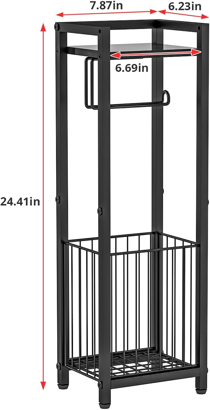 Narrow Side Toilet Paper Holder with Storage Rack - Freestanding Roll Holder for Bathroom, Small Space, Bathroom Tissue & More