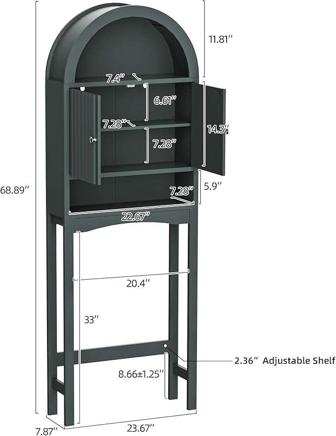 Spurgehom Over The Toilet Storage Cabinet, Bathroom Shelf Organizer Freestanding, Bathroom Arch Cabinet Over Toilet with Fluted Door and Anti-Tipping Device, Green