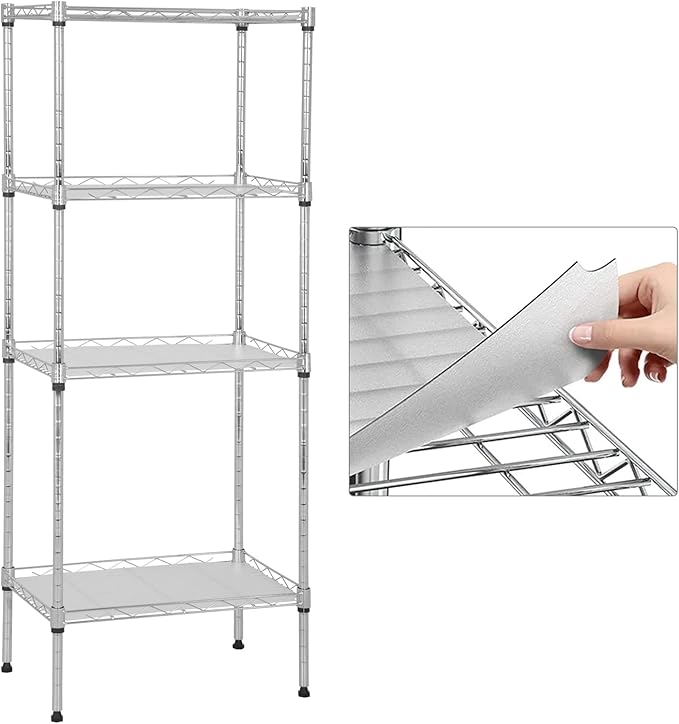 Wire Shelving Unit with PP Liners, 4 Tier Metal Storage Shelves for Laundry Room Organization, Closet Shelf Organizer, Kitchen Rack, Garage Storage, Chrome, 18" x 12" x 44" ﻿