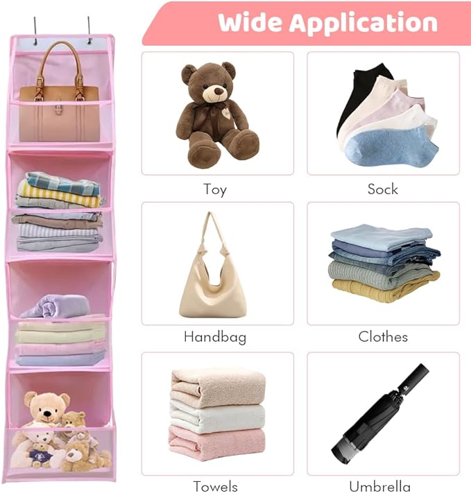 Hanging Closet Organizer, 4 Shelf Over The Door Organizer with 2 Hooks, Space Saving Behind The Door Storage Shelves for Pantry, Bathroom, Bedroom, Nursery(Color:Pink)