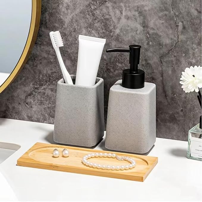 Grey Ceramic Bathroom Accessories Set 2Pieces,Soap Dispenser and Toothbrush Holder,Countertop Organizer for Stylish Bathroom