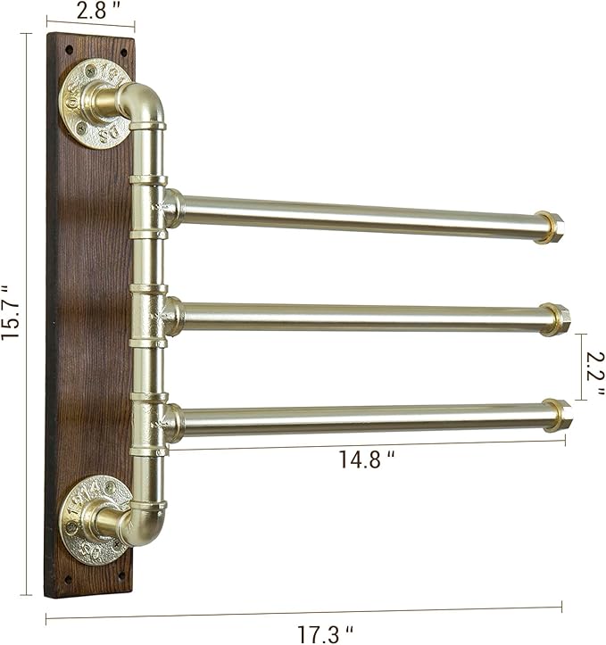 MyGift Swivel Towel Rack, Wood Towel Bar Holder with 3 Tier Industrial Metal Pipe, Wall Mount Towel Hanger Storage for Bathroom, Kitchen, Pool Outdoor (Brass)