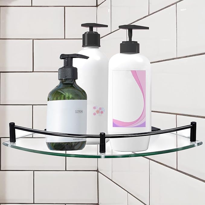 Glass Corner Shower Caddy, Rustproof Corner Shelves Wall Mounted, Clear Bathroom Shower Shelf with 6MM Thick Tempered Glass, Shower Organzier with Black Rail for Bathroom (1 Pcs)