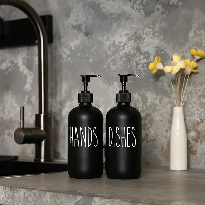 MOMEEMO Soap Dispenser Set 2 Pack, Contains Dish and Hand Soap Dispenser, Perfect for Black Kitchen Decor. (Black)