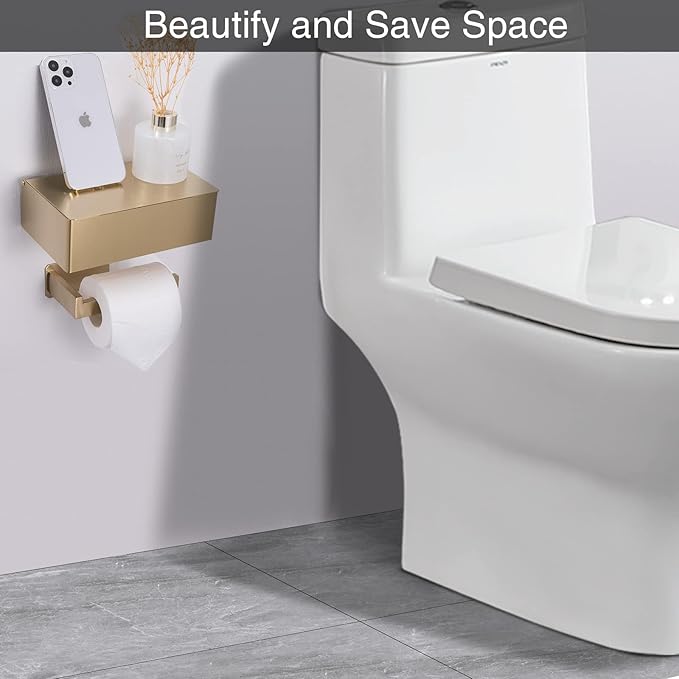 Adhesive Toilet Paper Holder with Shelf and Storage, Wall Mount Toilet Paper Roll Holder & Flushable Wipes Dispenser Set Fits Any Bathroom, Stainless Steel Tissue Holder-Square, Gold